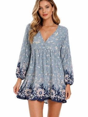 Billabong Blue Floral Boho Mini Dress Long Sleeve Flowy Size Small